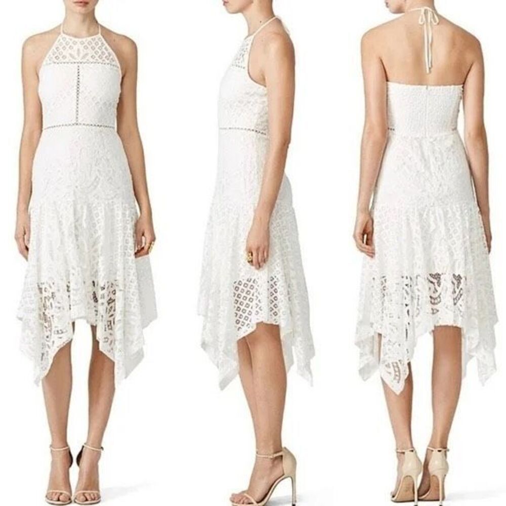 Parker Dress Womens XS Midi White Lace Tulum Halter Beachy Asymmetrical Hem New